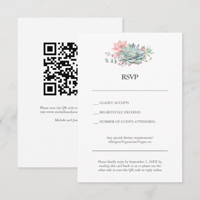 Convites Succulent Hybrid Wedding RSVP Card with QR Code (Frente/Verso)