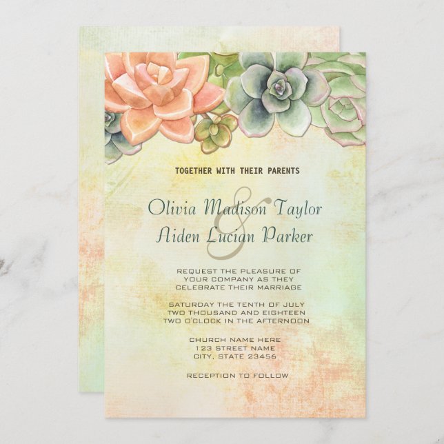 Convites Succulent Watercolor Floral Wedding Peach (Frente/Verso)