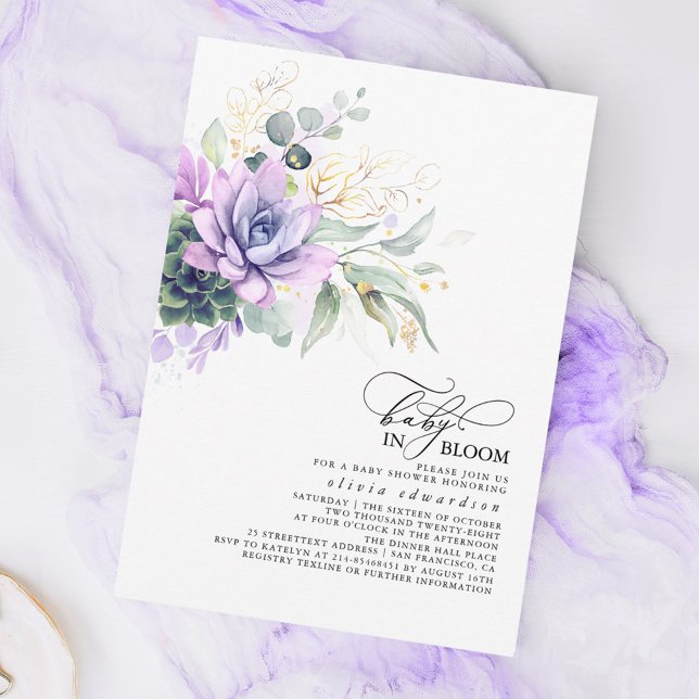 Convites Succulents Greenerent Dourado Deixa Boho Chá de fr (Purple Succulents Baby Shower Invitations - Baby In Bloom)