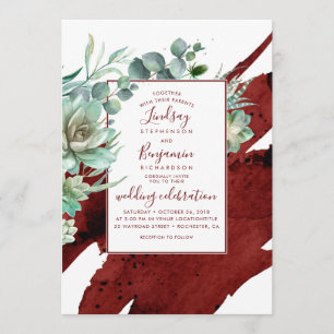 Convites Succulents Greenery Burgundy Red Modern Casamento