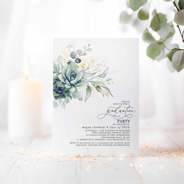 Convites Succulents Greenery Dourado deixa a graduação Boho (Succulents Greenery Graduation Party Invitations)