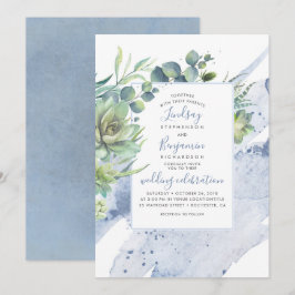 Convites Succulents Greenery Dusty Blue Elegant Casamento