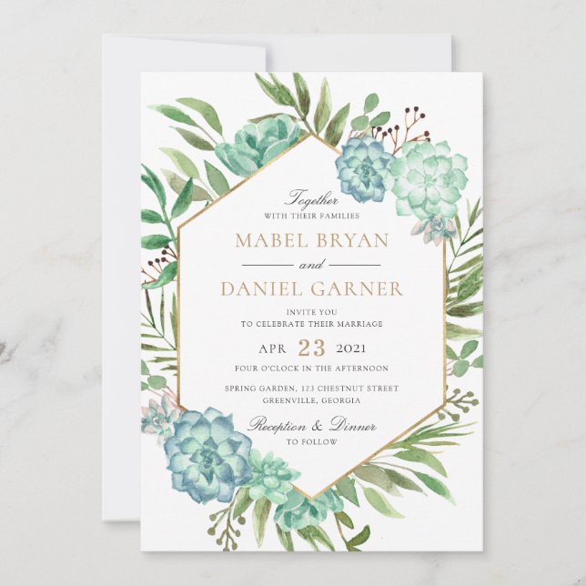 Convites Succulents Greenery Geométrico Dourado Casamento (Frente)