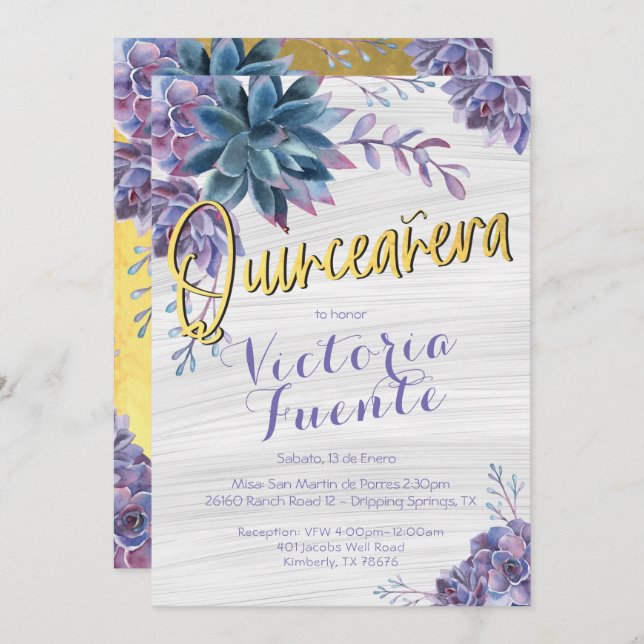 Convites Succult Gold Foil Watercolor Quinceañera (Frente/Verso)