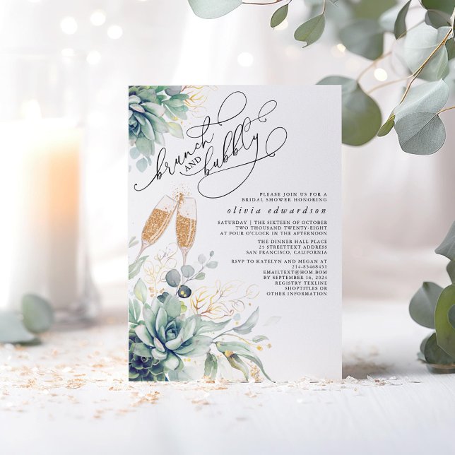 Convites Succult Greenery Brunch e Chá de panela de espuma (Brunch and Bubbly Succulents Greenery Bridal Shower Invitations)