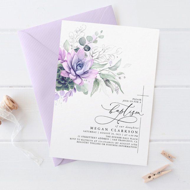 Convites Succulta Prata Verde Deixa Batismo Elegante (Succulents and Silver Greenery Purple Baptism Invitations)