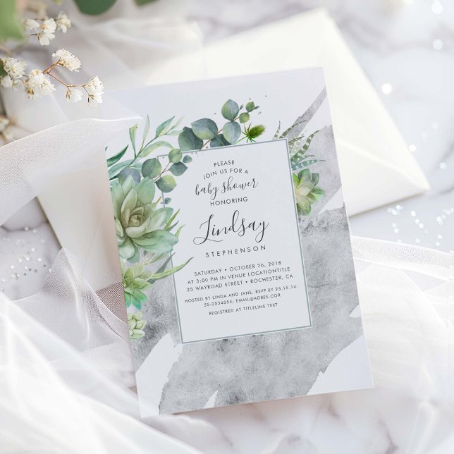 Convites Succults Chá de fraldas de folha de prata verde (Silver Greenery Baby Shower Invitation)