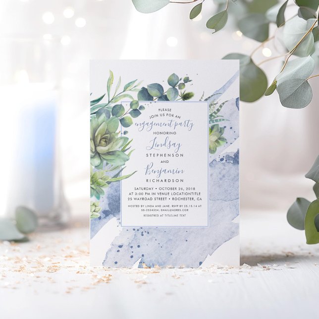 Convites Succults Festa de noivado Azul Cinza (Dusty Blue Greenery Engagement Party Invitations)