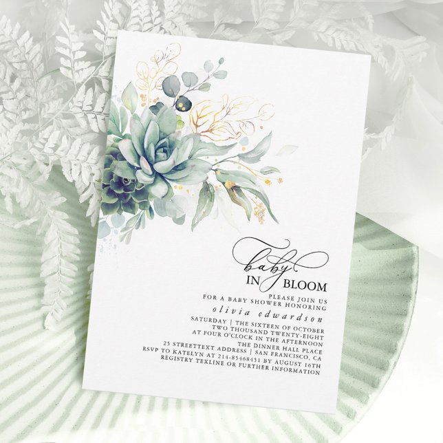 Convites Succults Greenerent Dourado Deixa Chá de fraldas B (Baby In Bloom Greenery Baby Shower Invitations)