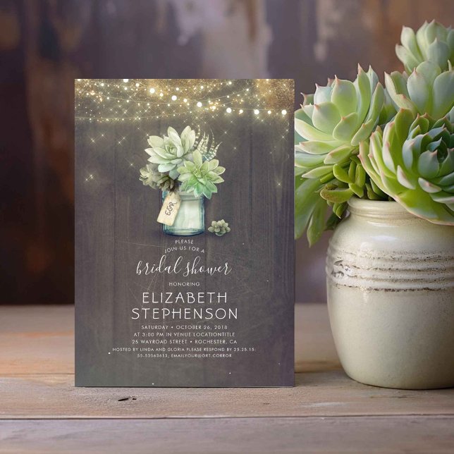 Convites Succults Mason Jar Rustic Country Chá de panela (Rustic Mason Jar and Succulents Bridal Shower Invitations)