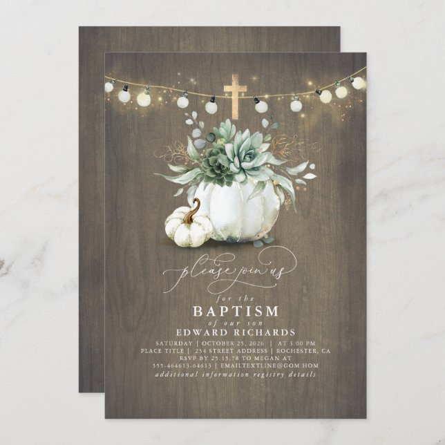 Convites Succults Pumpkins Dourado Cross Fall Baptism (Frente/Verso)
