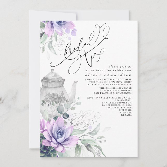 Convites Succults Silver Greenery Chá de panela Tea Party (Frente)