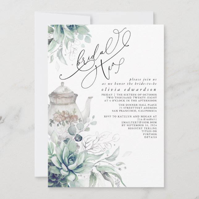 Convites Succults Silver Greenery Chá de panela Tea Party (Frente)