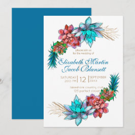 Convites Suculenta Aquarela, Casamento Azul Turquesa Intens