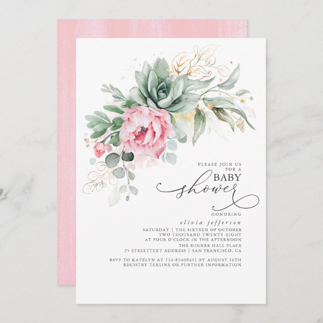 Convites Suculenta Chá de fraldas verde e flores rosa (Frente/Verso)