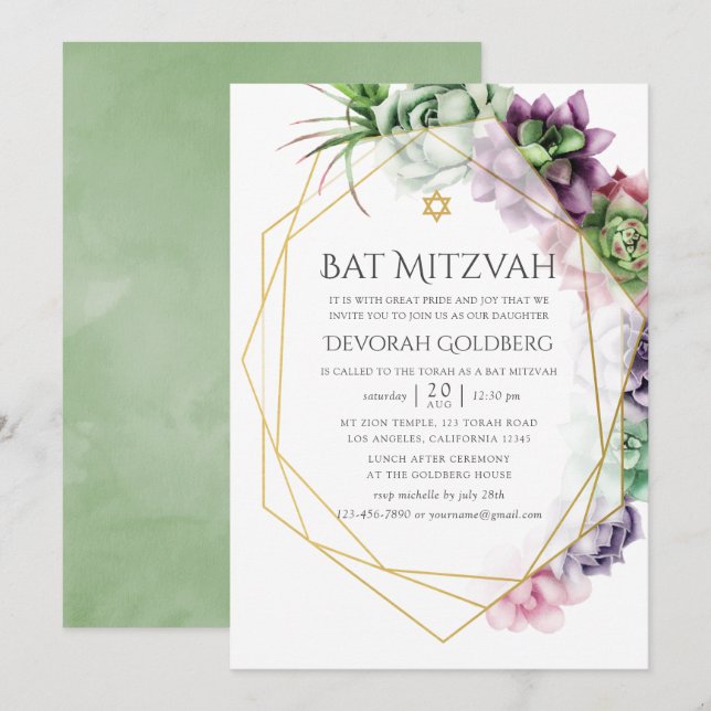 Convites Suculenta Geométrica em Aquarela Bat Mitzvah (Frente/Verso)
