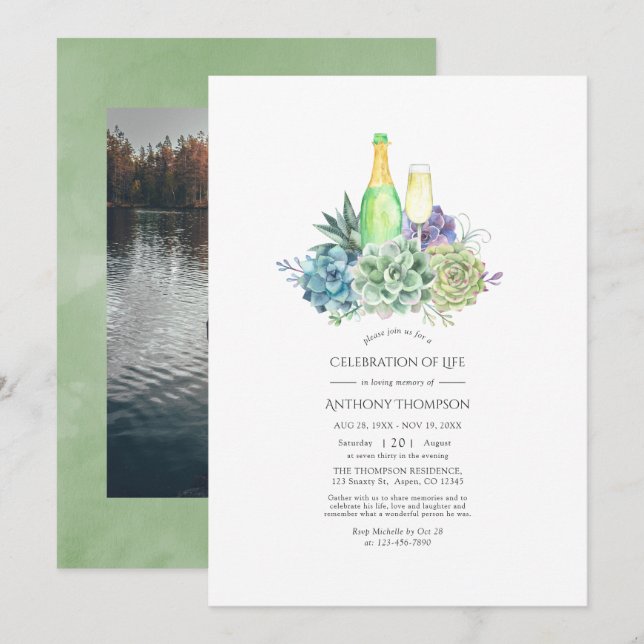 Convites Suculentas Aquarela Vinho Celebração da Vida (Frente/Verso)