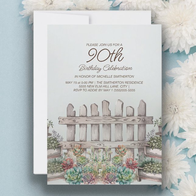 Convites Suculentas de Jardim Portão Botânico 90º Aniversár (Garden and succulents 90th birthday party invitation for women)