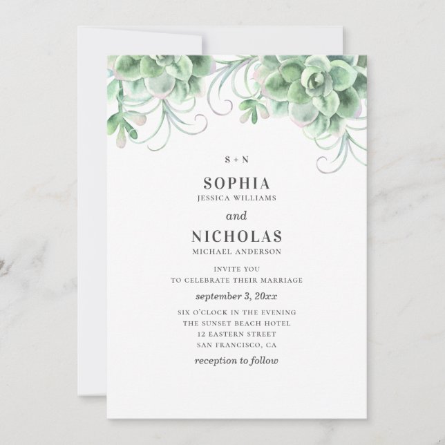 Convites Suculentas em aquarela. Casamento de cacto verde (Frente)