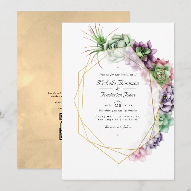 Convites Suculentas Geométricas  Código QR RSVP Casamento n (Frente/Verso)