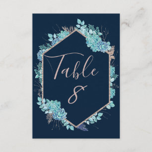 Convites Suculentas Navy & Números de Mesa de Casamento em 