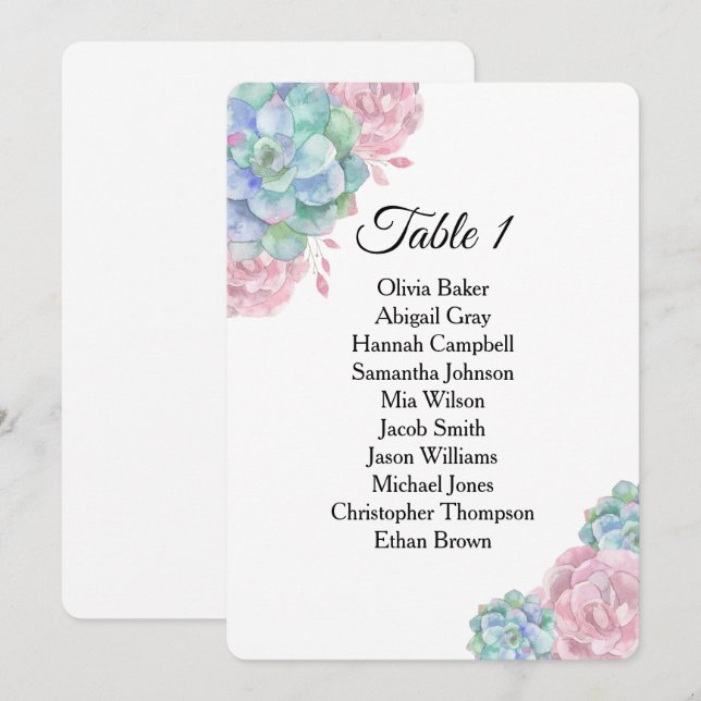 Convites Suculentas rosa azul. Gráficos de assentos para ca (Frente/Verso)