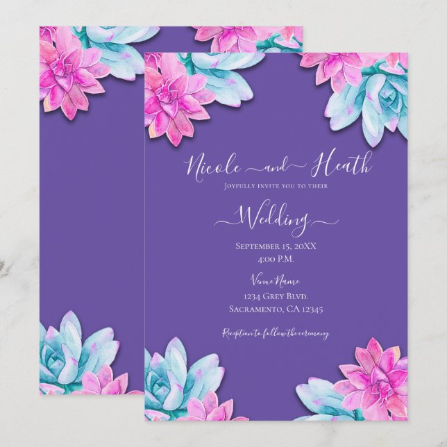 Convites Suculentas Rosa Roxo Casamento Moderno Fiesta (Frente/Verso)