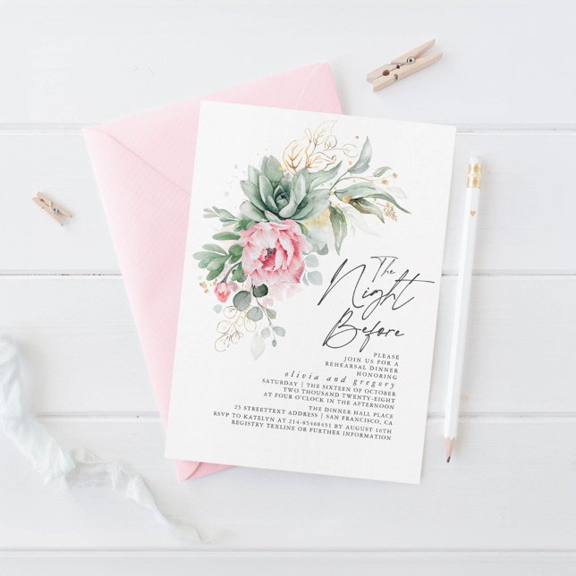 Convites Suculentas Verdura Jantar Floral Rosa (Succulents Rehearsal Dinner Invitations)