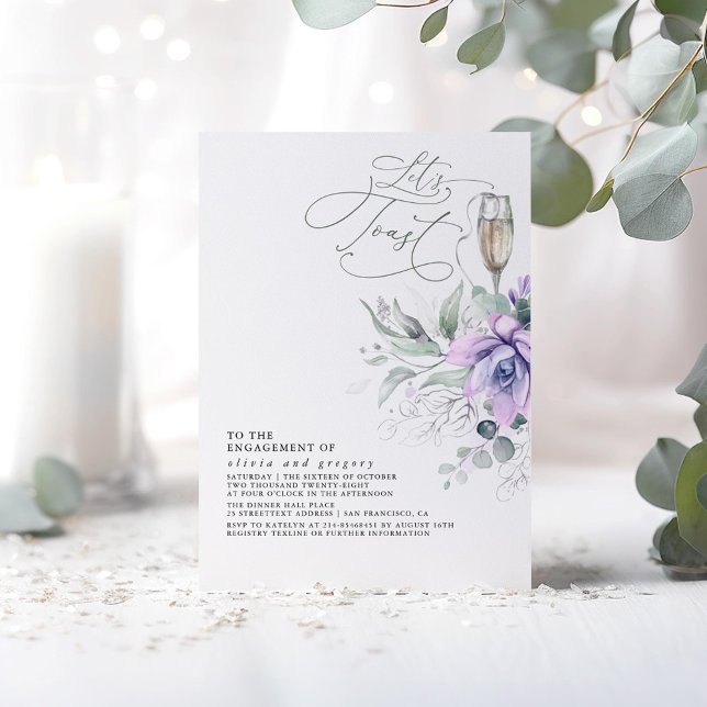 Convites Suculente Festa de noivado de Prata Verde (Purple Succulents Greenery "Let's Toast" Engagement Party Invitations)
