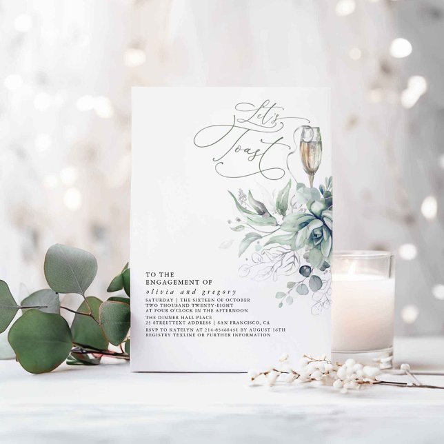 Convites Suculente Festa de noivado de Prata Verde (Silver Greenery Let's Toast Engagement Party Invitations)