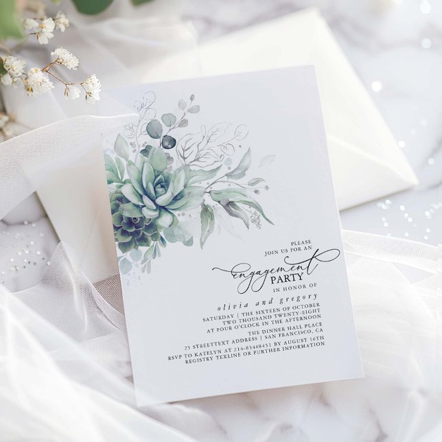 Convites Suculente Festa de noivado de Prata Verde (Succulents greenery and silver leaves elegant engagement party invitations)