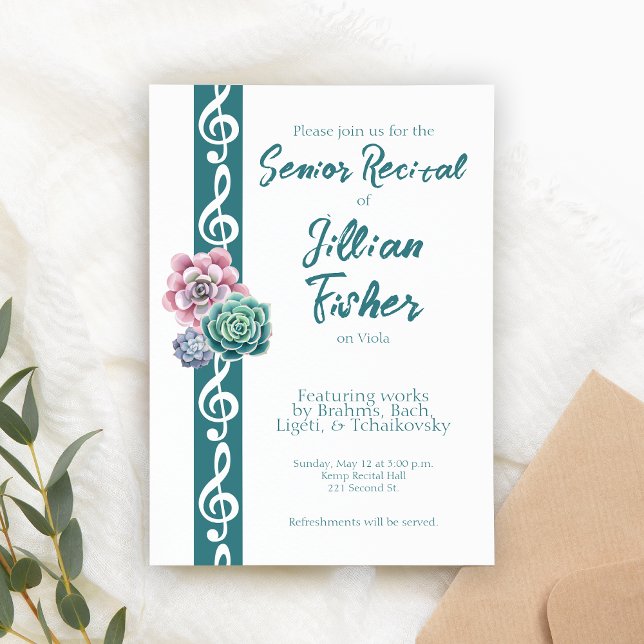 Convites Suculente Treble Theme Mais velho Música Considera (Custom senior recital invitation template.)