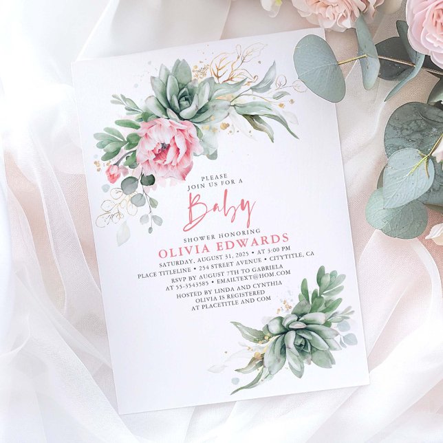 Convites Suculentes e Chá de fraldas de Flores Rosa (Pink Flowers and Succulents Baby Shower Invitations)