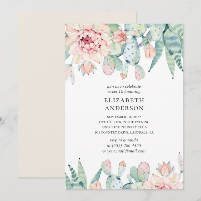 Convites Suculentes Florais Doce 16. 16.º aniversário do Ca (Frente/Verso)