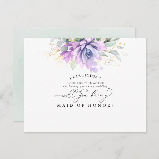 Convites Suculentes Proposta de Bridesmaid de Folha Dourada (Frente/Verso)