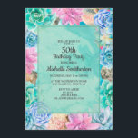 Convites Suculentos coloridos femininos Cactus 50º aniversá<br><div class="desc">Este belo suculento/cacto 50º convite de aniversário para mulheres é desenhado com suculentos cor-de-rosa, verdes e azuis num fundo verde de espuma do mar. Texto é uma fonte de script fofinha, que é totalmente personalizável usando a ferramenta do Zazzle. A idade é personalizável, juntamente com qualquer uma das formulações. Entre...</div>