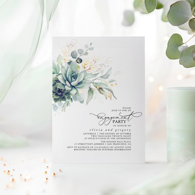 Convites Suculentos, Festa de noivado de Folhas Douradas de (Engagement Party Invitations With Watercolor Succulents Greenery Illustration)