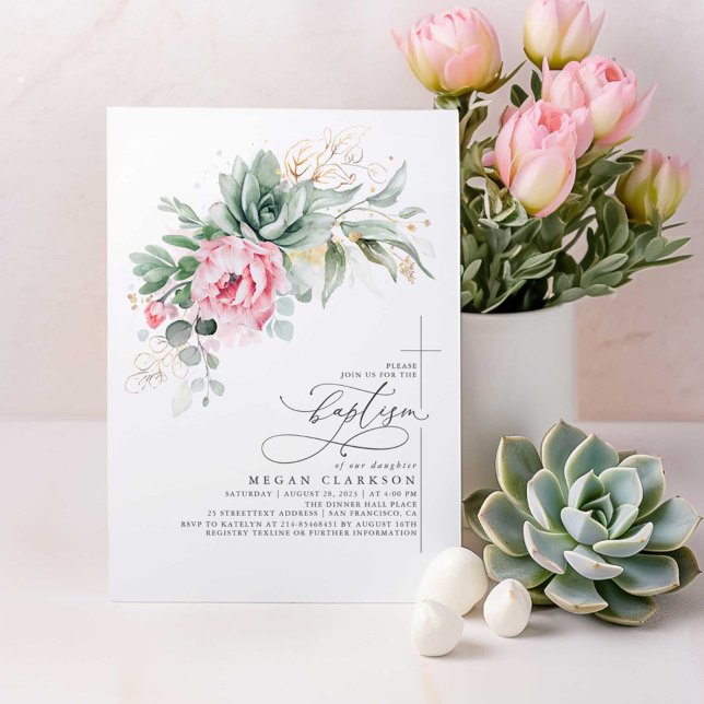 Convites Suculentos Flores Rosa Verde Dourados Batismo (Pink Floral Succulents Greenery Baptism Invitations)