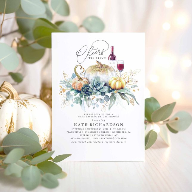 Convites Sucultivos de abóbora caem Chá de panela de Provan (Cheers to Love - Bridal Shower Invitations with Pumpkins and Succulents Greenery)