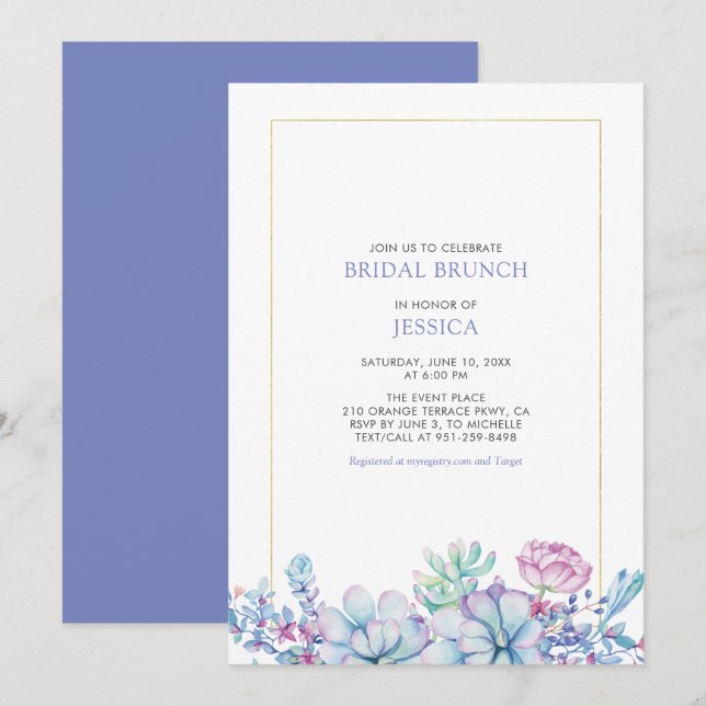 Convites Sucultos Dourados e tropicais Bridal BrunChá Em (Frente/Verso)