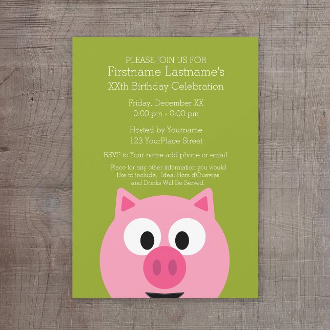 Convites Suíno de Fazenda de Cartoon - Rosa e Verde limão (Cute Birthday Party Invitation - cartoon pig)