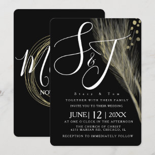 Convites Suíte de Casamento de Pampas Preto e Branco Elega