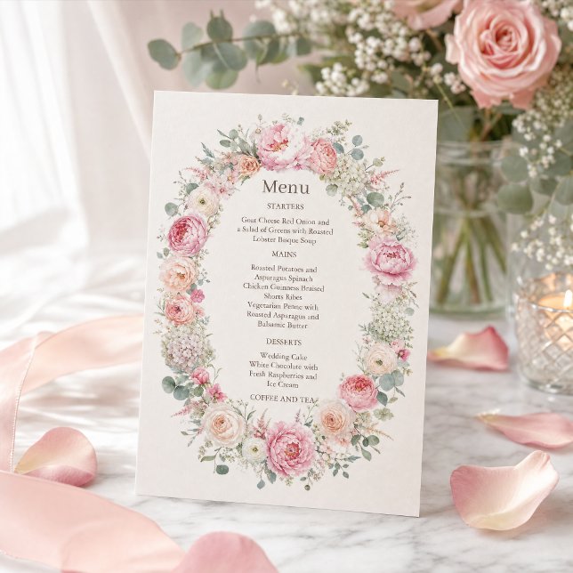 Convites Suite de Menu de Casamento Floral Romântico Bege  (#romanticweddingmenu #weddingdinner #wreathflowersinvitation #pinkflowersinvitation #blushpinkfloral)