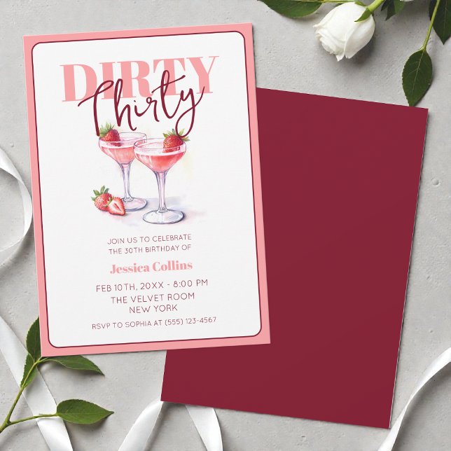 Convites Sujo Trinta Rosa Vermelho Coquetel Aniversário de  (Dirty Thirty Pink Red Cocktail 30th Birthday Party Invitation)