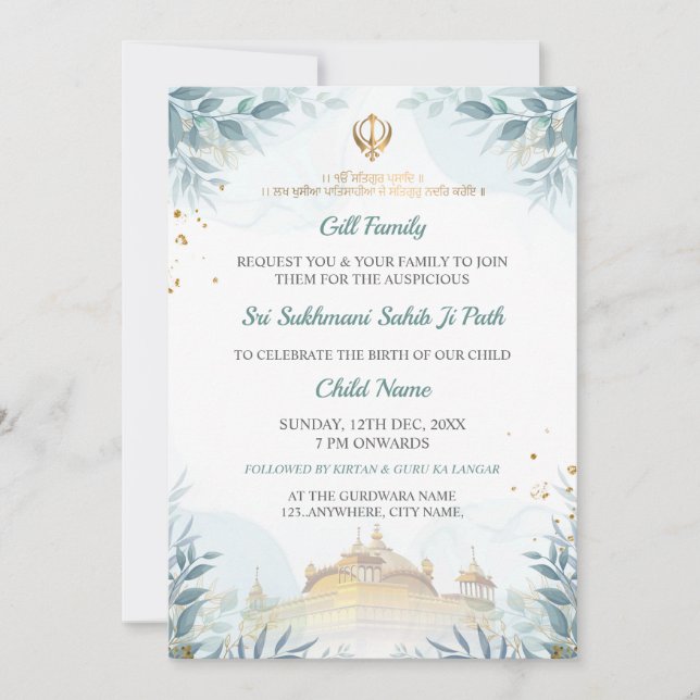 Convites Sukhmani Sahib Path Card, Baby Arrival Card (Frente)
