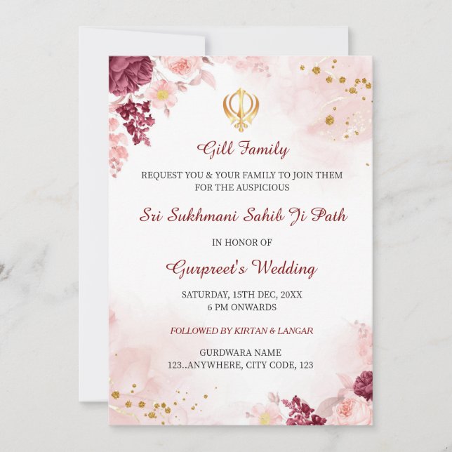 Convites Sukhmani Sahib Path Invitation, Sikh Wedcard (Frente)