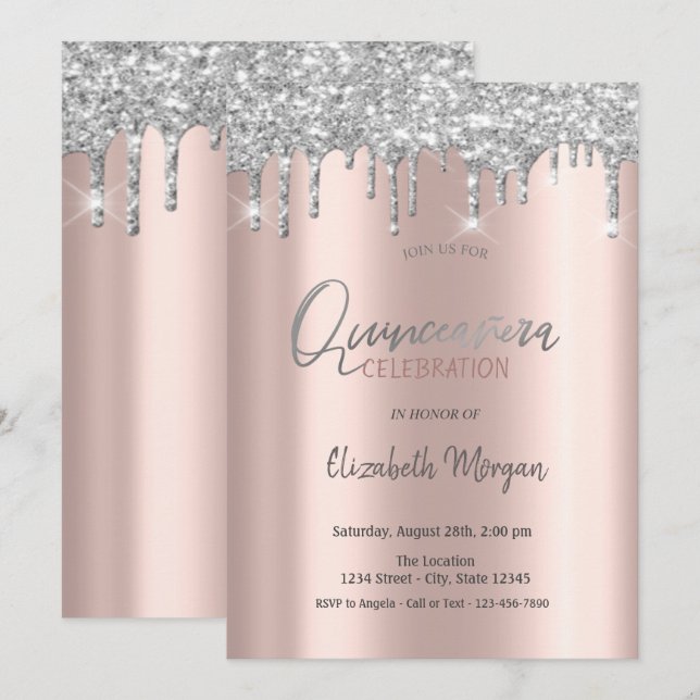 Convites Sulver Glitter Drives de Quinceanera Rosa Dourada (Frente/Verso)