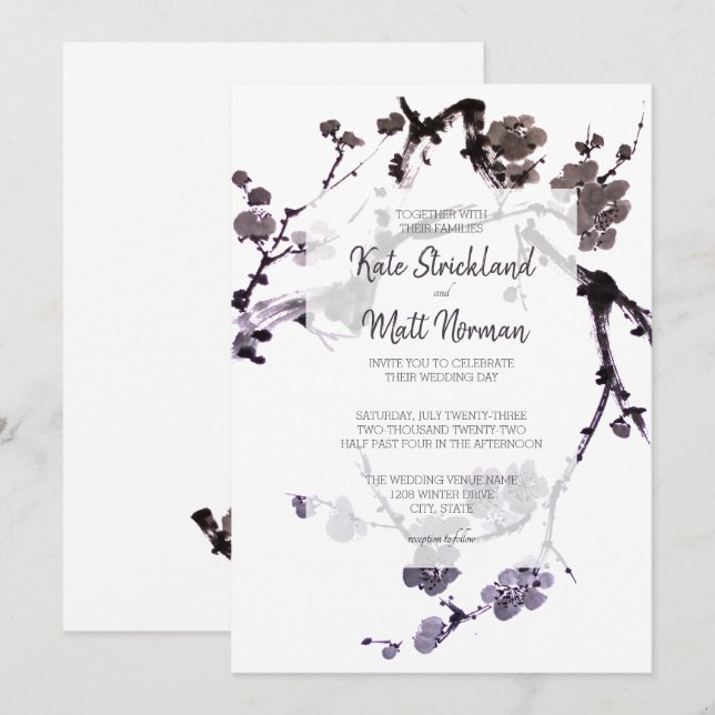 Convites Sumi-e de flor de ameixa (Frente/Verso)