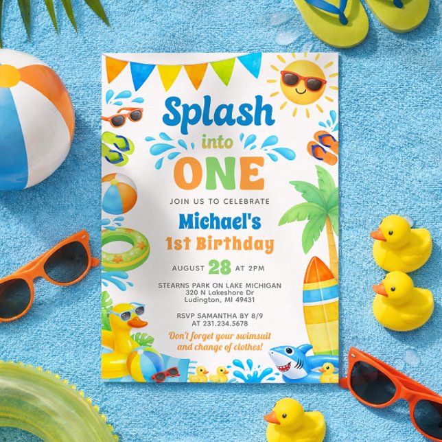 Convites Summer 1st Birthday Invitation - Splash into One (Summer Beach Pool Party 1st Birthday Invitation)