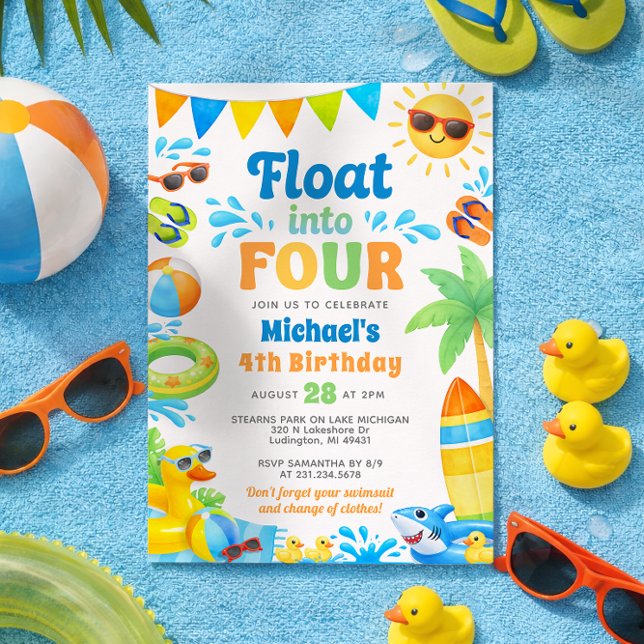 Convites Summer 4th Birthday Invitation - Float into Four (Boy 4th Birthday Invitation - Summer Beach Pool Party - Float into Four)
